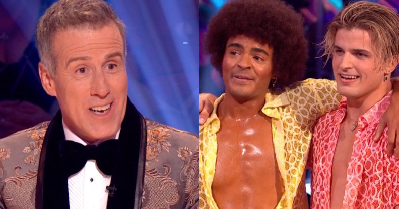 Strictly Come Dancing judge Anton Du Beke (left) talks to contestant Layton Williams (middle) and dance partner Nikita Kuzmin (right)