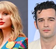 On the left, Tyalor Swift in a multi-coloured blazer. On the right, Matty Healy in a white shirt.
