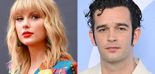 On the left, Tyalor Swift in a multi-coloured blazer. On the right, Matty Healy in a white shirt.