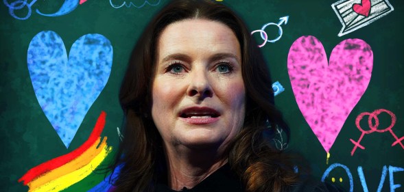 Gillian Keegan pictured against an edited background showing a blackboard with drawings of hearts and rainbow flags.
