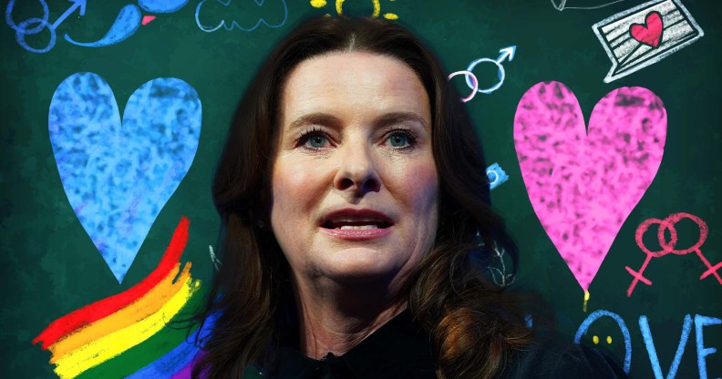 Gillian Keegan pictured against an edited background showing a blackboard with drawings of hearts and rainbow flags.