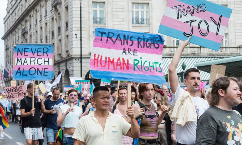 Protesters carry placards reading "trans rights are human rights"