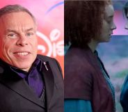 On the left, Warwick Davis on a suit at the Willow red carpet. On the right, a still from Willow.