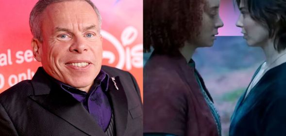 On the left, Warwick Davis on a suit at the Willow red carpet. On the right, a still from Willow.