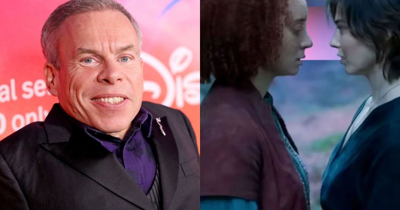 On the left, Warwick Davis on a suit at the Willow red carpet. On the right, a still from Willow.
