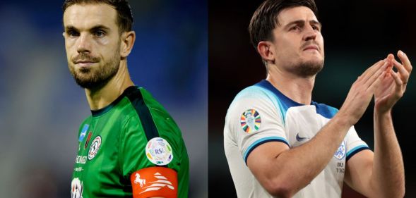 Jordan Henderson pictured on the left on the pitch playing for his Saudi club. On the right is Harry Maguire playing for his team.