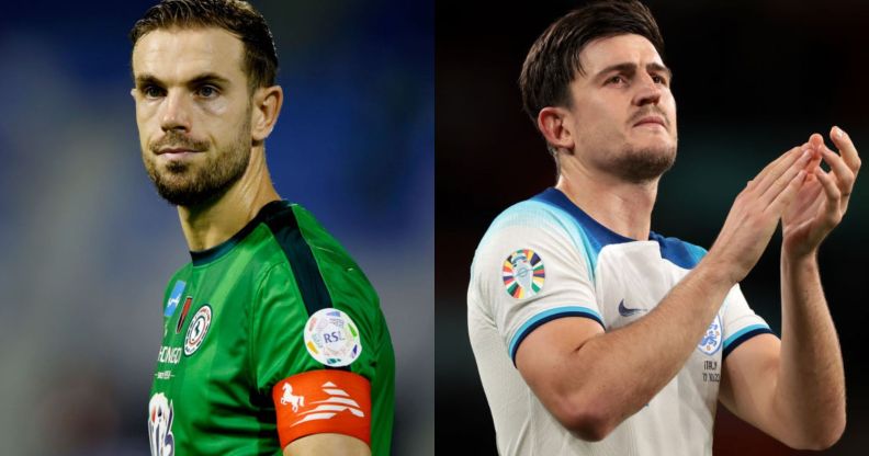 Jordan Henderson pictured on the left on the pitch playing for his Saudi club. On the right is Harry Maguire playing for his team.
