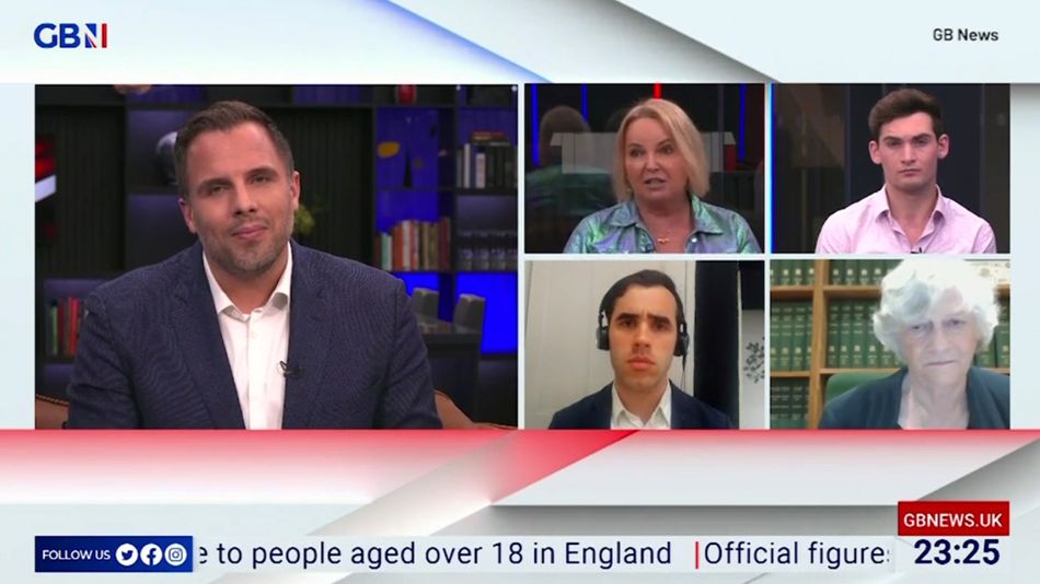 India Willoughby taking part in a GB panel news discussion online: the screen is split with Dan Wootton on the left, and India Willoughby with three other commentators on the right