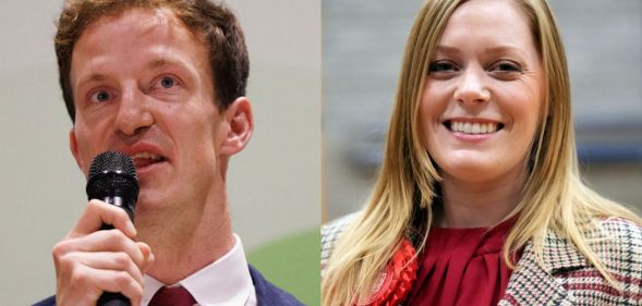 Alistair Strathern pictured on the left giving a speech. On the right is Sarah Edwards pictured after her election win.