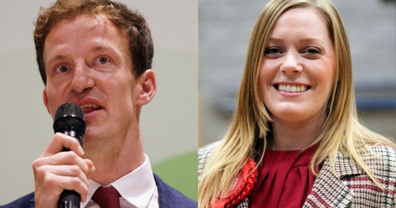 Alistair Strathern pictured on the left giving a speech. On the right is Sarah Edwards pictured after her election win.