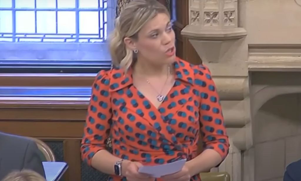 Tory MP Miriam Cates, who has been criticised for her anti-trans views, wears a red dress with a blue pattern on it as she speaks before fellow politicians