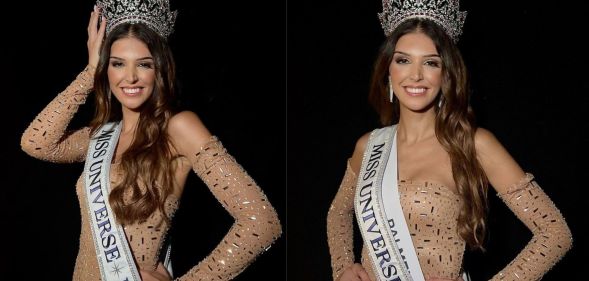 Side by side images of Marina Machete, a trans woman who is wearing a glittery nude coloured dress and sash and crown as she wins the Miss Portugal beauty competition