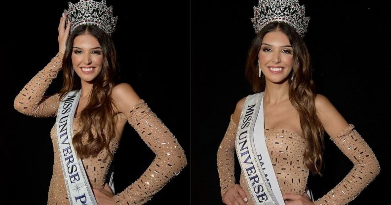 Side by side images of Marina Machete, a trans woman who is wearing a glittery nude coloured dress and sash and crown as she wins the Miss Portugal beauty competition