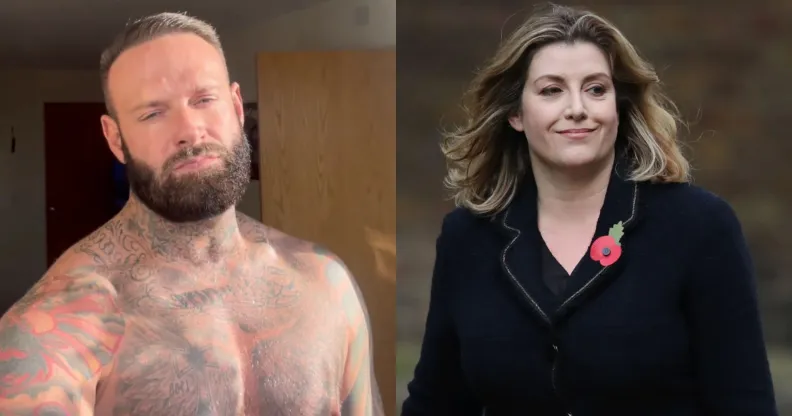 James Mordaunt pictured shirtless in a screenshot from an Instagram video on the left and Penny Mordaunt is pictured walking outdoors wearing a black suit.