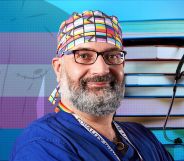 A graphic design image composed of a photo of surgeon Ioannis Ntanos in scrubs, a pile of books with a stethoscope, an outline of a body with top surgery scars and the colours of the trans flag (blue, pink and white)