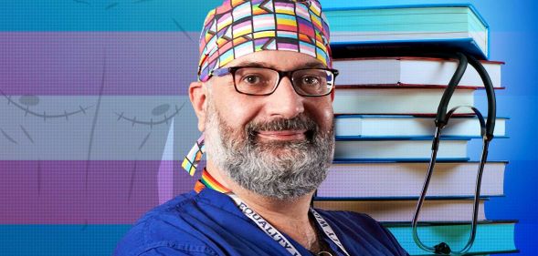 A graphic design image composed of a photo of surgeon Ioannis Ntanos in scrubs, a pile of books with a stethoscope, an outline of a body with top surgery scars and the colours of the trans flag (blue, pink and white)