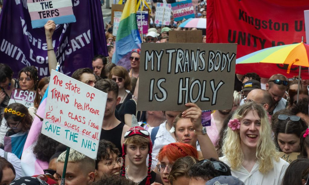 A crowd of people gather together in protest for the trans community. One person holds up a sign reading 'My trans body is holy' while another sign denounces the wait times for gender-affirming healthcare, like top surgery, in the UK on the NHS