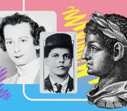 A graphic with pictures of trans historical figures with pink and blue and yellow graphic designs in the background
