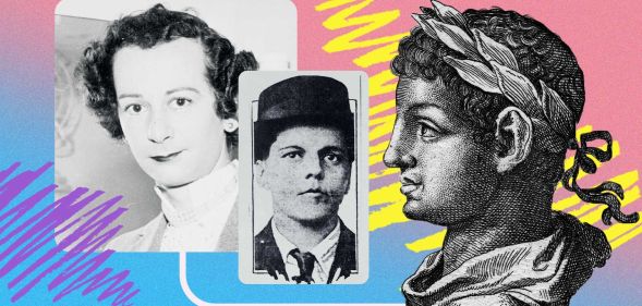 A graphic with pictures of trans historical figures with pink and blue and yellow graphic designs in the background