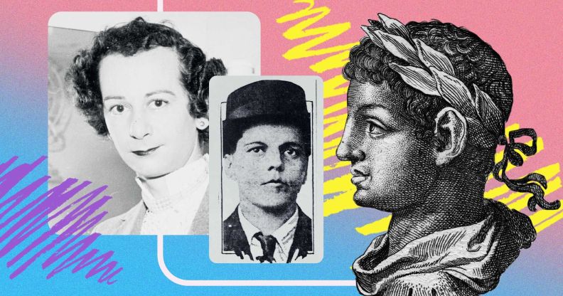 A graphic with pictures of trans historical figures with pink and blue and yellow graphic designs in the background