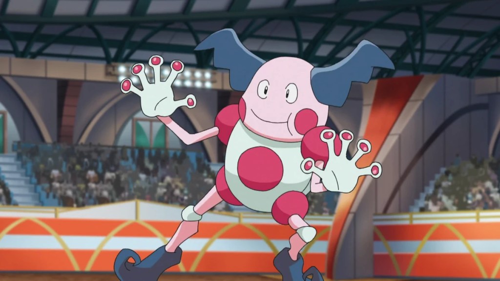 Mr Mime, a clown-like Pokemon with two blue wing-like sections of hair and sucker-like fingers.