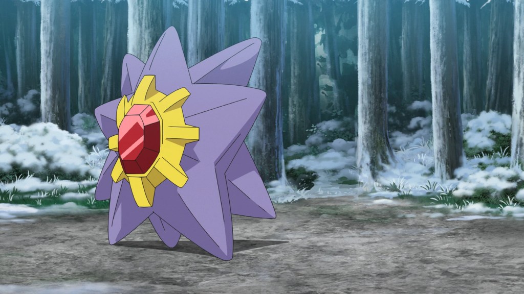 Image shows Starmie- a purple, yellow and red starfish like Pokemon, walking through some woodland