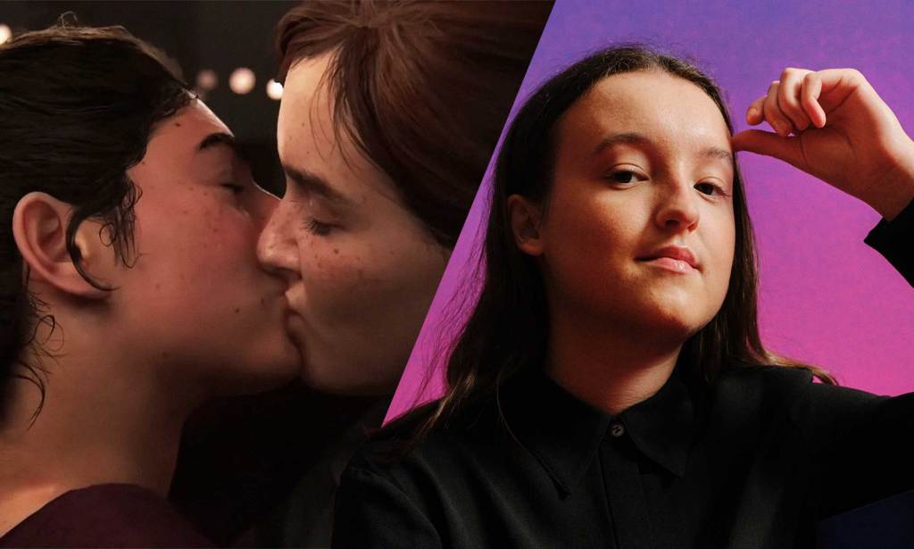 On the left, a still from The Last of Us video game featuring Ellie and Dina kissing. On the right, BAFTA Breakthrough star Bella Ramsey.