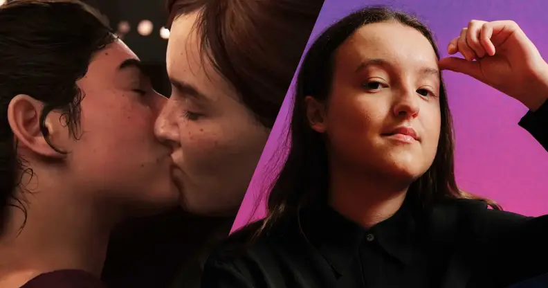 On the left, a still from The Last of Us video game featuring Ellie and Dina kissing. On the right, BAFTA Breakthrough star Bella Ramsey.