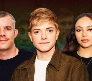 Russell Tovey, Mae Martin and Jade Thirlwall against a rainbow coloured backdrop featuring British prime minister Rishi Sunak.