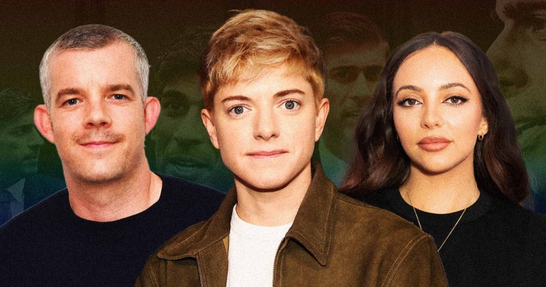 Russell Tovey, Mae Martin and Jade Thirlwall against a rainbow coloured backdrop featuring British prime minister Rishi Sunak.