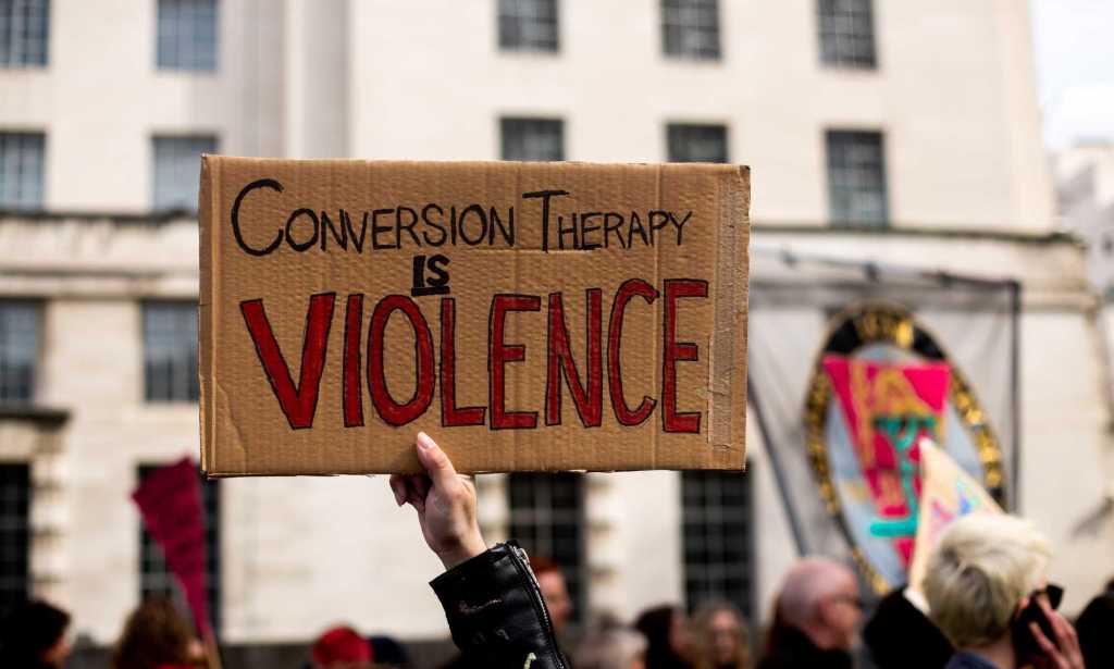 A sign reading 'Conversion therapy is violence'