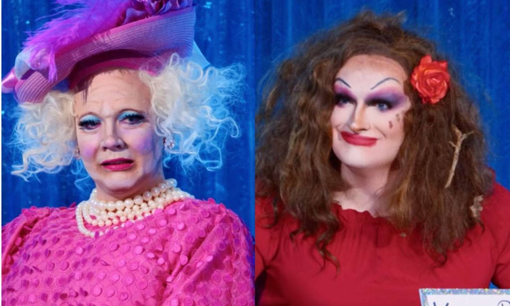 Ginger Johnson (left) and Kate Butch (right) play Snatch Game on Drag Race UK season 5.