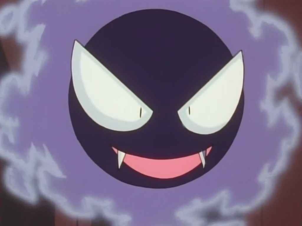 Gastly, a black ball with huge slanted eyes, wreathed in purple smoke, with sharp teeth.