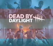 Video game box art for Dead By Daylight with a trans flag transparent overlay
