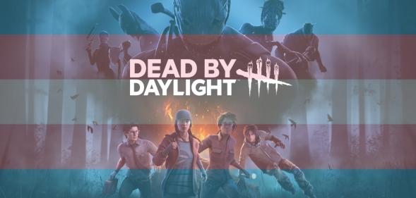 Video game box art for Dead By Daylight with a trans flag transparent overlay