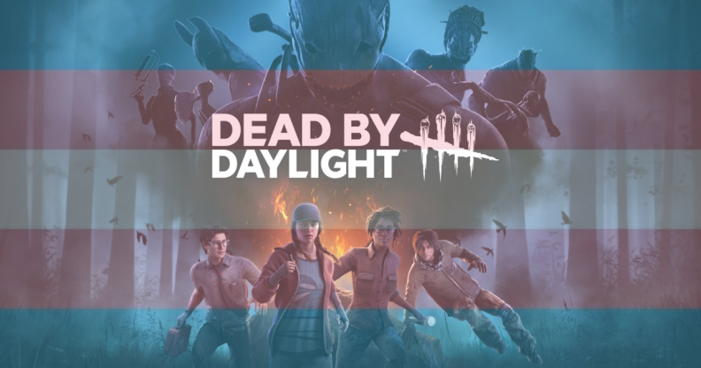 Video game box art for Dead By Daylight with a trans flag transparent overlay