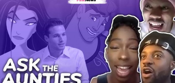 This is a collaged image. On the left in a blue and white tint there are three animated characters. On the right there are three Black men