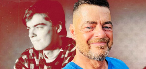 A composite image shows Ian Makinson on the left as a young man and on the right today, in his fifties.
