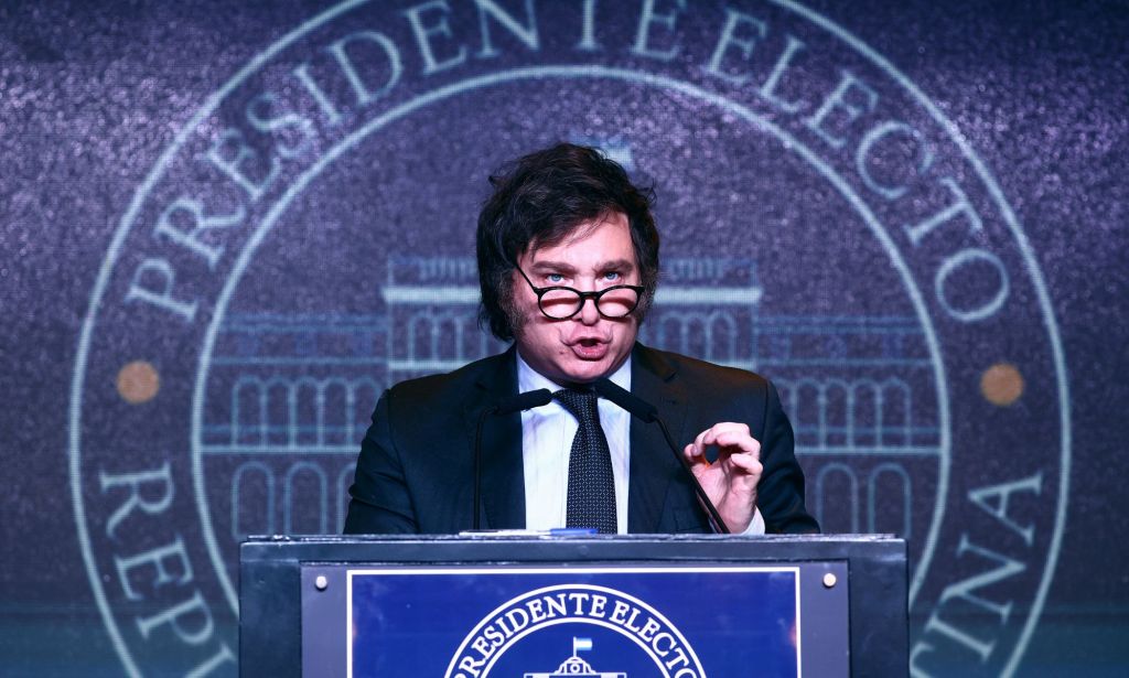 Newly elected President of Argentina Javier Milei speaks after the polls closed in the presidential runoff on November 19, 2023 in Buenos Aires, Argentina