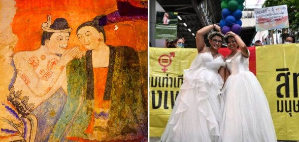 Composite image which shows - on the left, a mural showing two whispering lovers from the temple of Wat Phumin in Thailand, on the right two brides celebrate forward progress in same-sex marriage in Thailand (Wikimedia Commons/Getty)