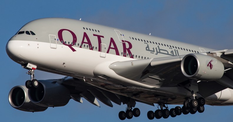 Qatar Airways Airbus A380-800 double decker airplane landing at Heathrow Airport in London, UK. The aircraft was delivered in April 2018 and is an Airbus A380-800 with registration A7-APJ and for GP7200 engines. Qatar Airways has 10 Airbus A380 in their fleet and connects daily Doha to London. Qatar is a member of Oneworld airline alliance. (Photo by Nicolas Economou/NurPhoto)