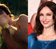 Jacob Elordi in a still from Saltburn (left) and Sophie Ellis-Bextor at the Saltburn premiere.