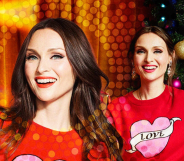 Singer Sophie Ellis-Bextor wearing a Christmas jumper with a heart on it that reads the word 'love'.