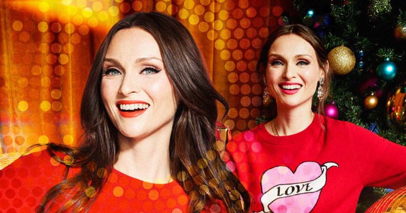 Singer Sophie Ellis-Bextor wearing a Christmas jumper with a heart on it that reads the word 'love'.