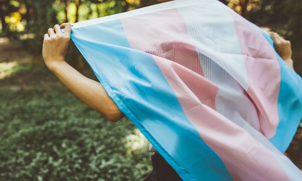 Stock image of a person holding a trans flag