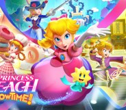 Image shows Princess Peach surrounded by various video game figures. She is wearing a bright pink dress and has long hair.
