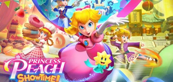 Image shows Princess Peach surrounded by various video game figures. She is wearing a bright pink dress and has long hair.