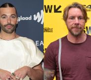 Side by side photos of Queer Eye star Jonathan Van Ness wearing a white outfit and Dax Shepard wearing a red shirt with grey stripes