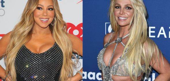 Side by side images of Mariah Carey, wearing a sparkly silver and black outfit, with a photo of Britney Spears, wearing a sparkly dress