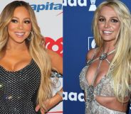 Side by side images of Mariah Carey, wearing a sparkly silver and black outfit, with a photo of Britney Spears, wearing a sparkly dress